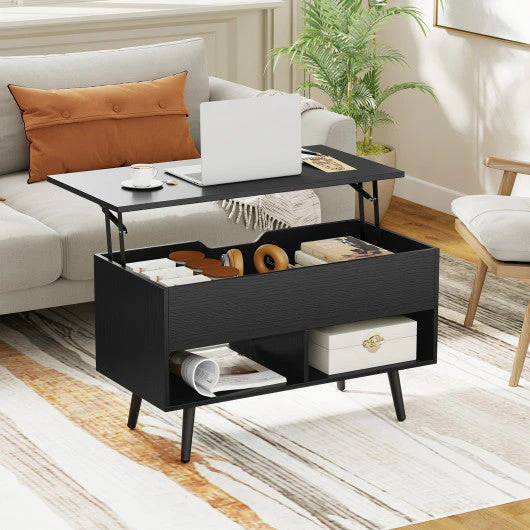 31.5 Inch Lift Top Coffee Table With Hidden Compartment and 2 Storage Shelves-Black - Image 2