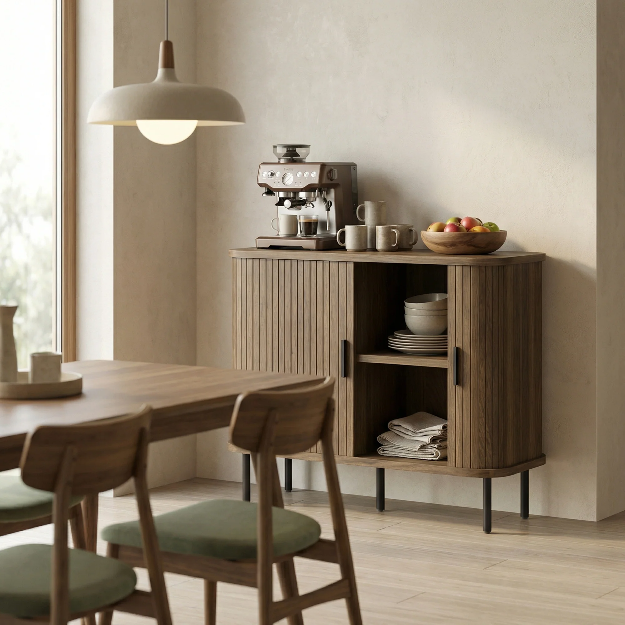 35.4" Sideboard Buffet Cabinet with Storage, Nordic Coffee Bar Cabinet with Slatted Tambour Doors and Metal Legs, Walnut - Image 2