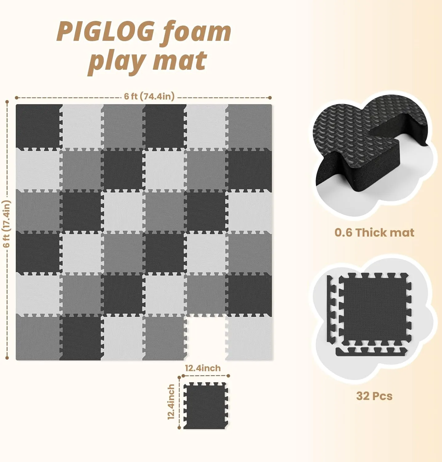 36Pcs Baby Play Mat 11.8 X 11.8 X 0.6In - Brown-White-Black - Image 3