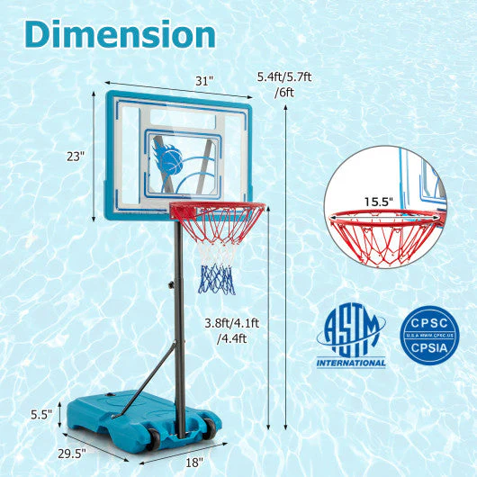 3.8-4.4 Feet Height Adjustable Pool Basketball Hoop for Kids Teens and Adults-Blue - Image 4