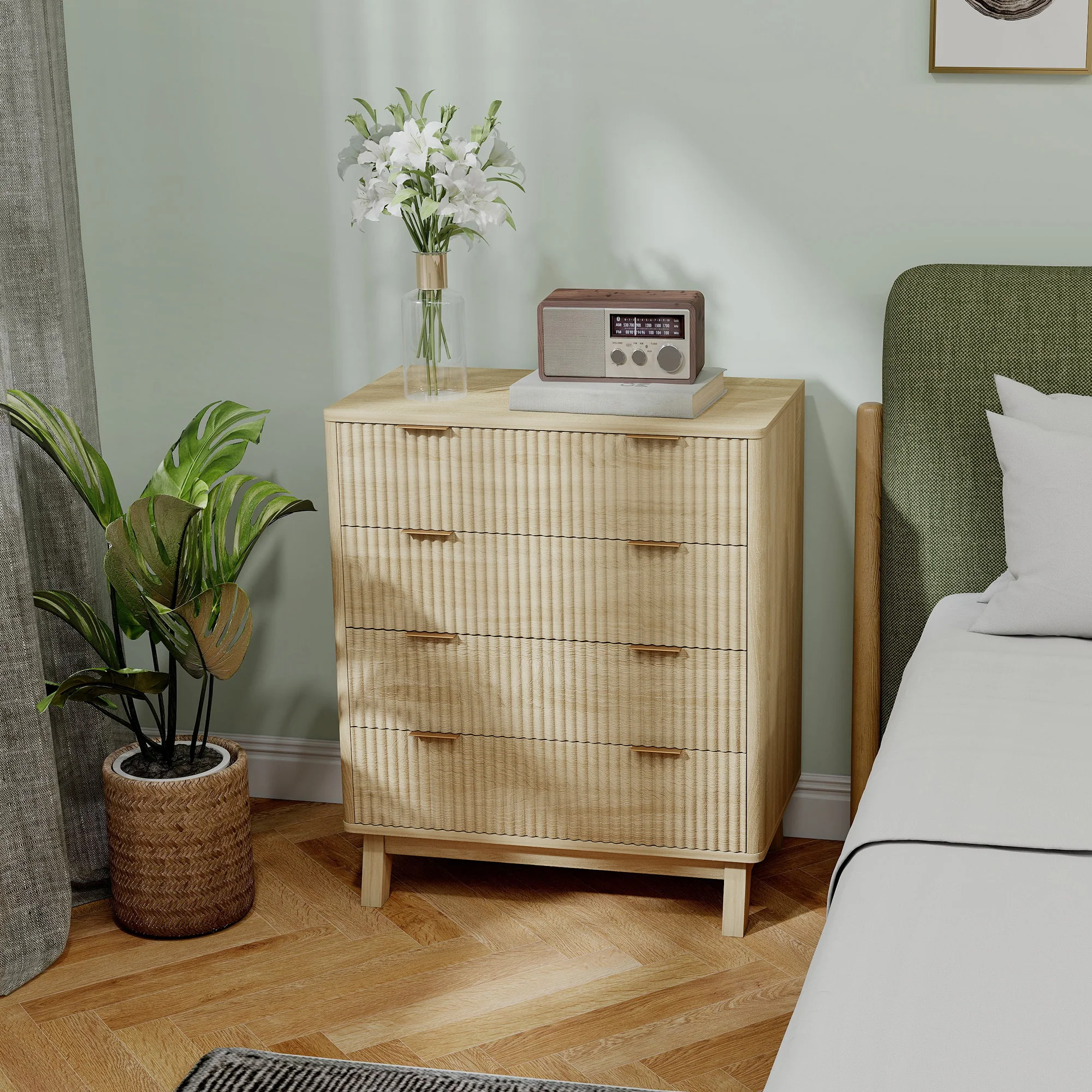 4 Drawer Double Dresser for Bedroom, Fluted Chest of Drawers with Gold Finger Pulls and 4 Wood Legs, Natural Wood - Image 2