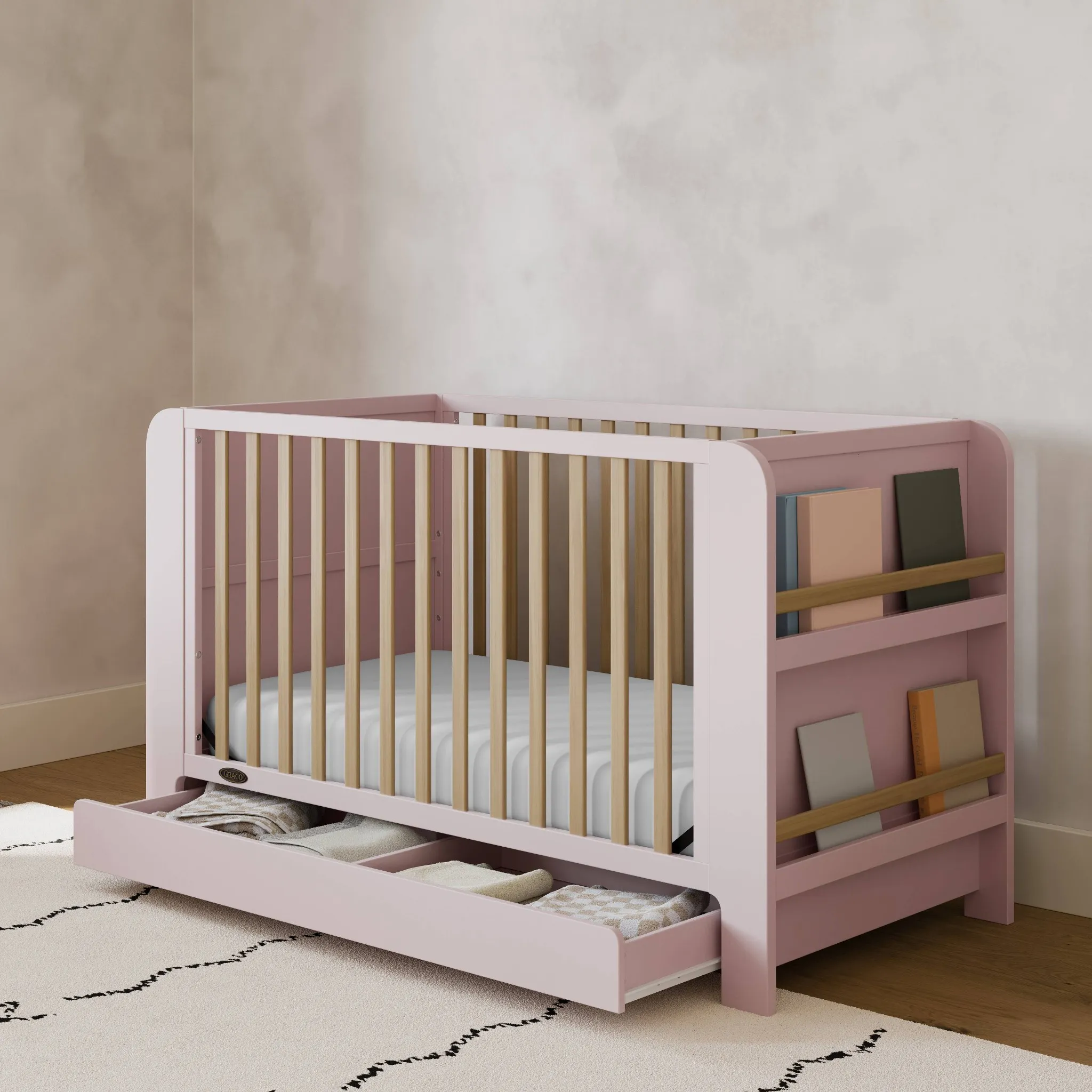 4-in-1 Convertible Bookshelf Crib with Drawer - Blush/Driftwood