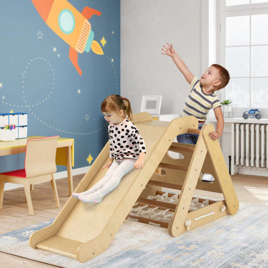 4 in 1 Triangle Climber Toy With Sliding Board and Climbing Net-Natural - Image 8