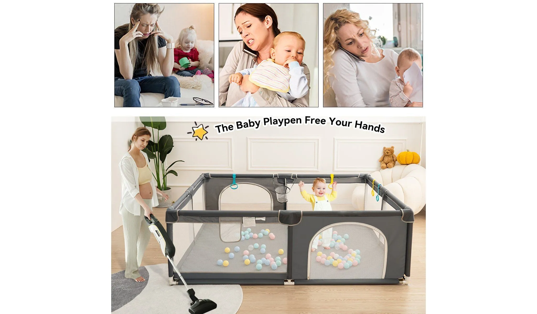 4-Panel Baby Playpen - Gray - Image 4
