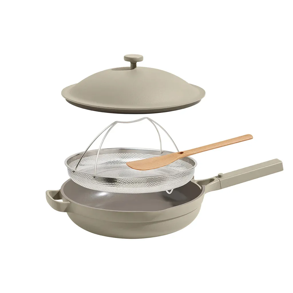4-piece Ceramic Nonstick 12.5” Pan with Steamer - Beige