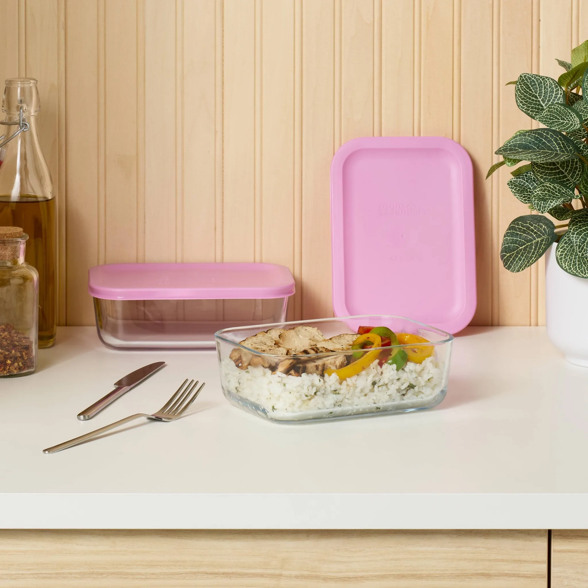 4-Piece Rectangular Glass Food Storage Container Set - Pink - Image 2
