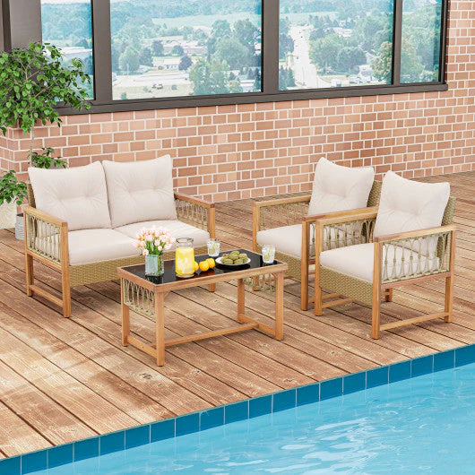 4 Pieces Outdoor Patio PE Wicker Conversation Bistro Set With Acacia Wood Frame-Brown - Image 3