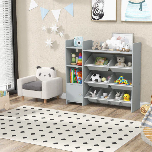 4-Tier Kids Bookshelf and Toy Storage Rack With 8 Toy Organizer Bins-Grey - Image 6
