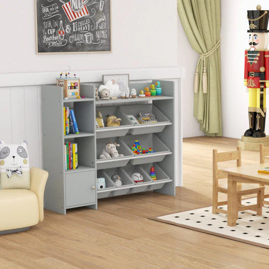 4-Tier Kids Bookshelf and Toy Storage Rack With 8 Toy Organizer Bins-Grey - Image 7