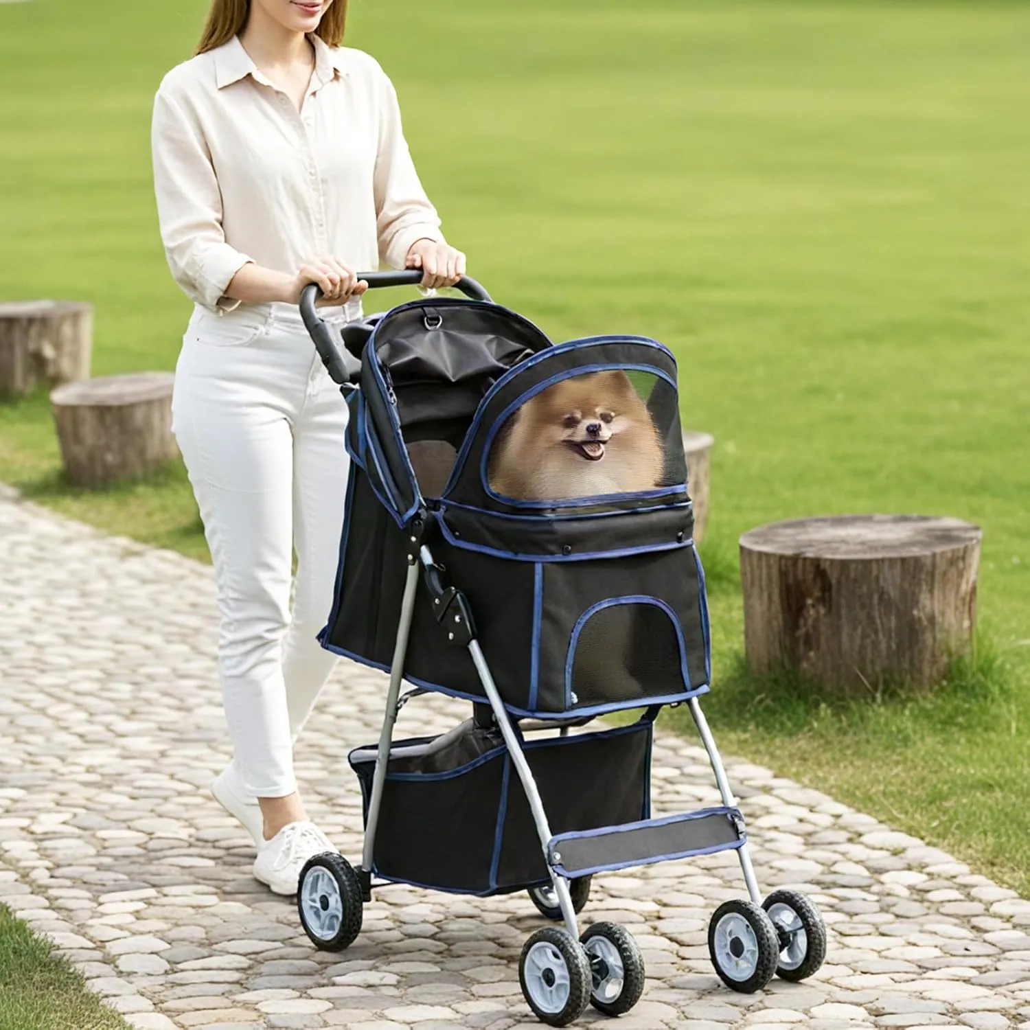 4 Wheels Pet Stroller for Small Dogs and Cats - Black - Image 6