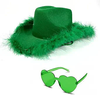 Green Cowboy Hat With Feathers & Heart-Shaped Sunglasses