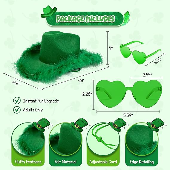 Green Cowboy Hat With Feathers & Heart-Shaped Sunglasses - Image 5