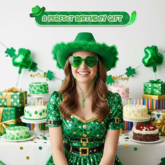 Green Cowboy Hat With Feathers & Heart-Shaped Sunglasses - Image 6