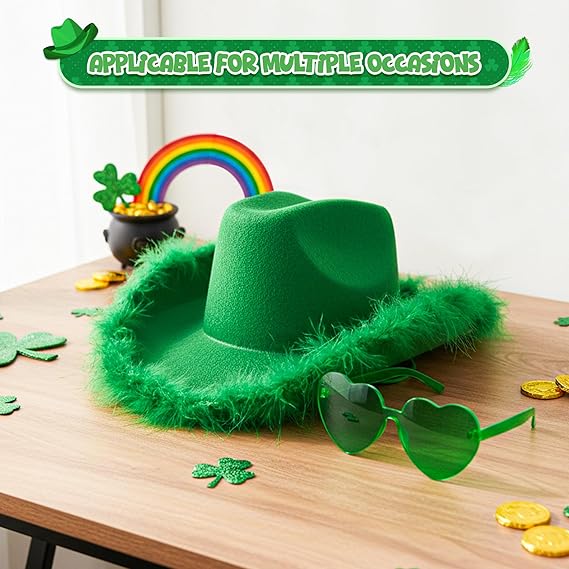 Green Cowboy Hat With Feathers & Heart-Shaped Sunglasses - Image 7