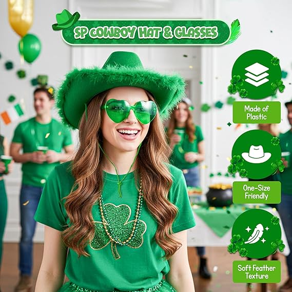 Green Cowboy Hat With Feathers & Heart-Shaped Sunglasses - Image 8