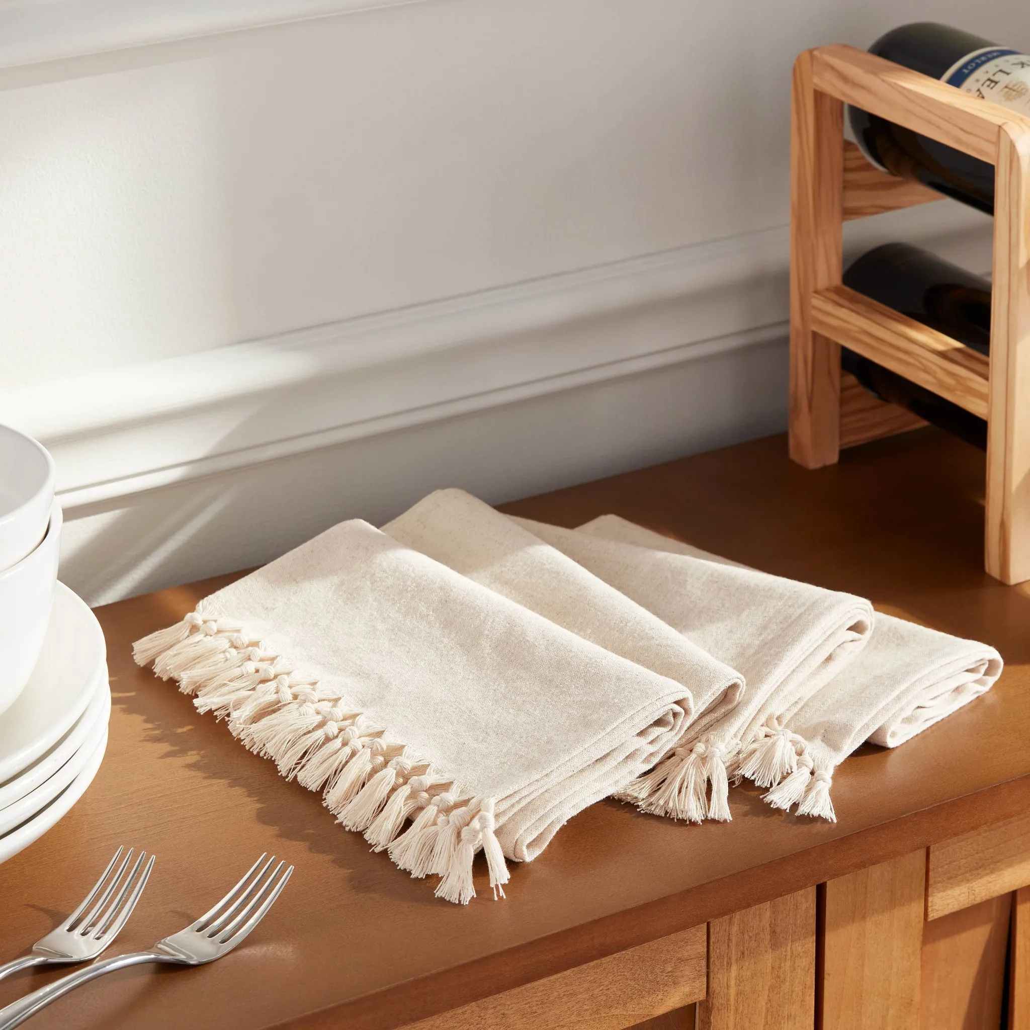 4pk Cotton Slub with Tassel Trim Tied Fringe Napkin Light Beige - Image 2