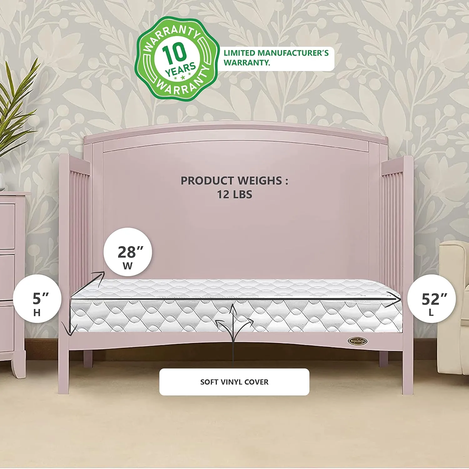 5" 88 Coil Crib and Toddler Mattress with Waterproof Cover - Greenguard Gold & JPMA Certified, 10 Year Warranty, Made in USA Grey Crib - Image 3