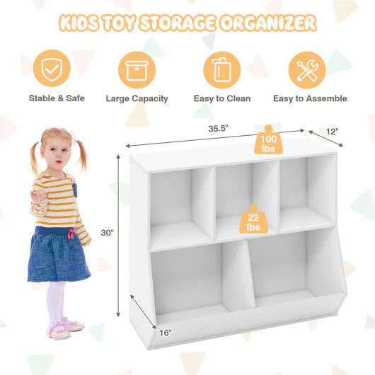 5-Cube Wooden Kids Toy Storage Organizer With Anti-Tipping Kits-White - Image 19