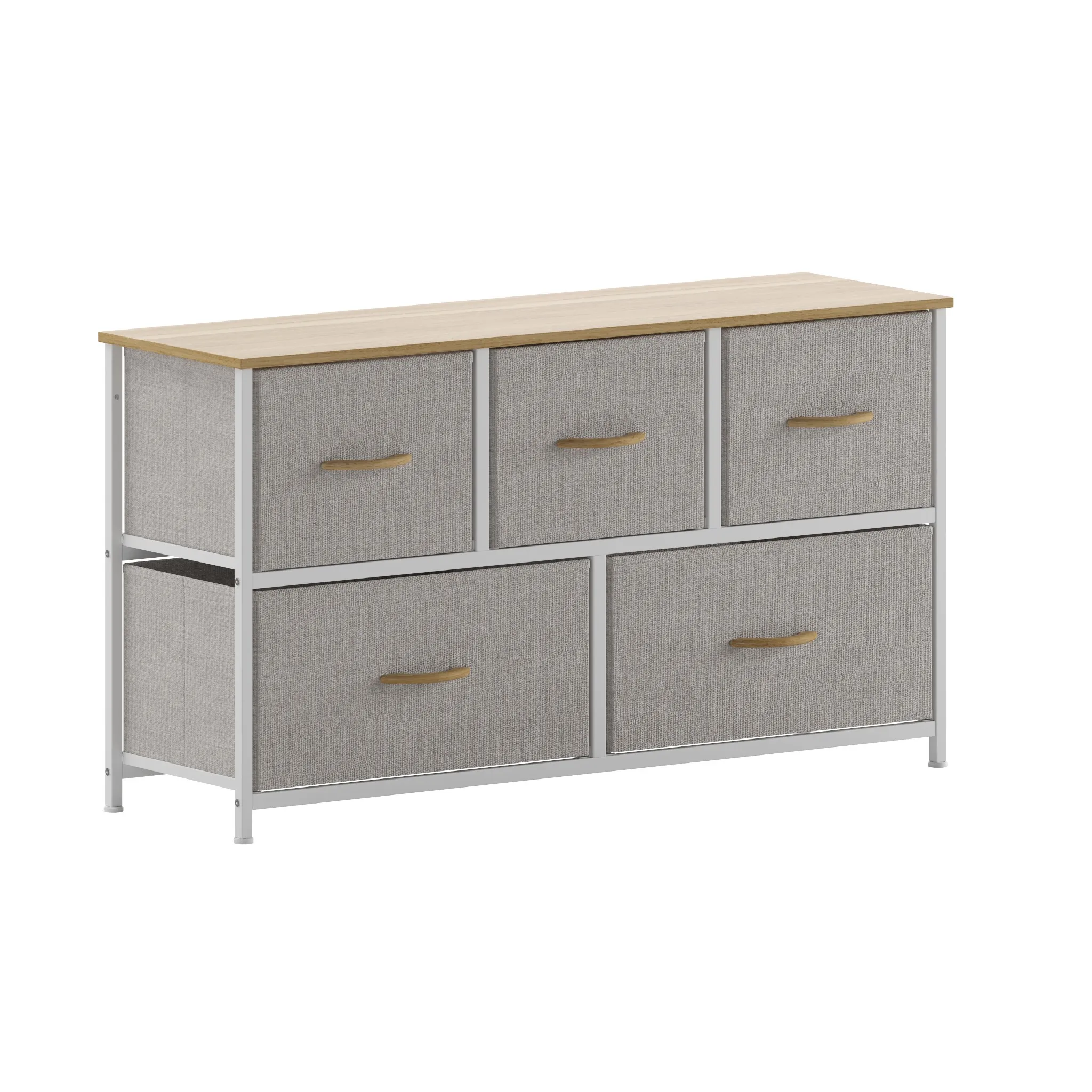 5 Drawer Storage Dresser - White Frame, Oak Top, Beige Drawers