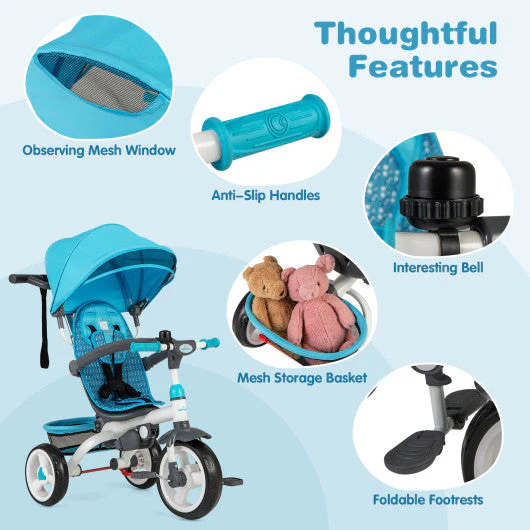 5-in-1 Detachable Baby Stroller Tricycle With Round Canopy-Blue - Image 5