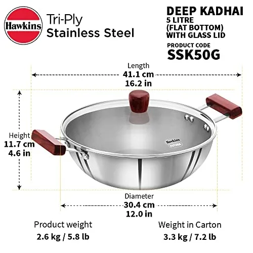 5 Liter Stainless Steel Tri-Ply Deep-Fry Pan with Glass Lid