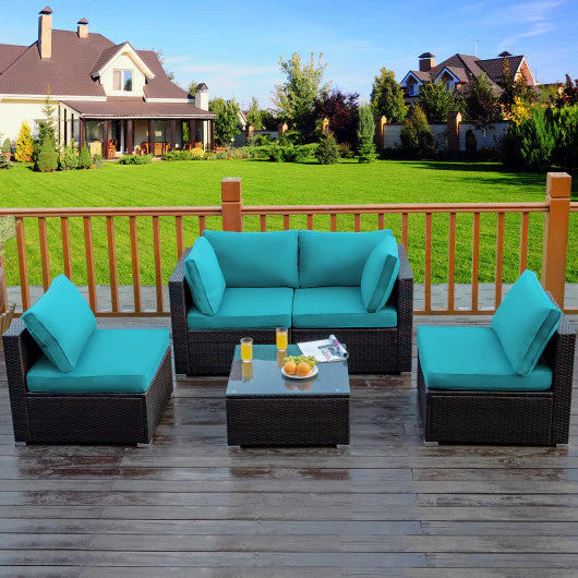 5 Pieces Cushioned Patio Rattan Furniture Set With Glass Table-Turquoise - Image 2