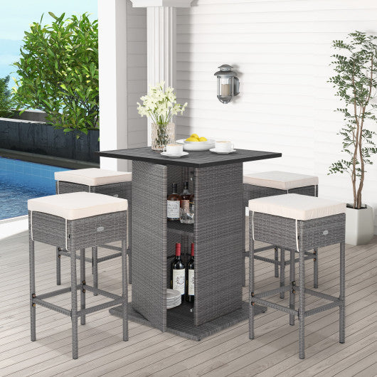 5 Pieces Outdoor Wicker Bar Table Set With Hidden Storage Shelves-White - Image 6