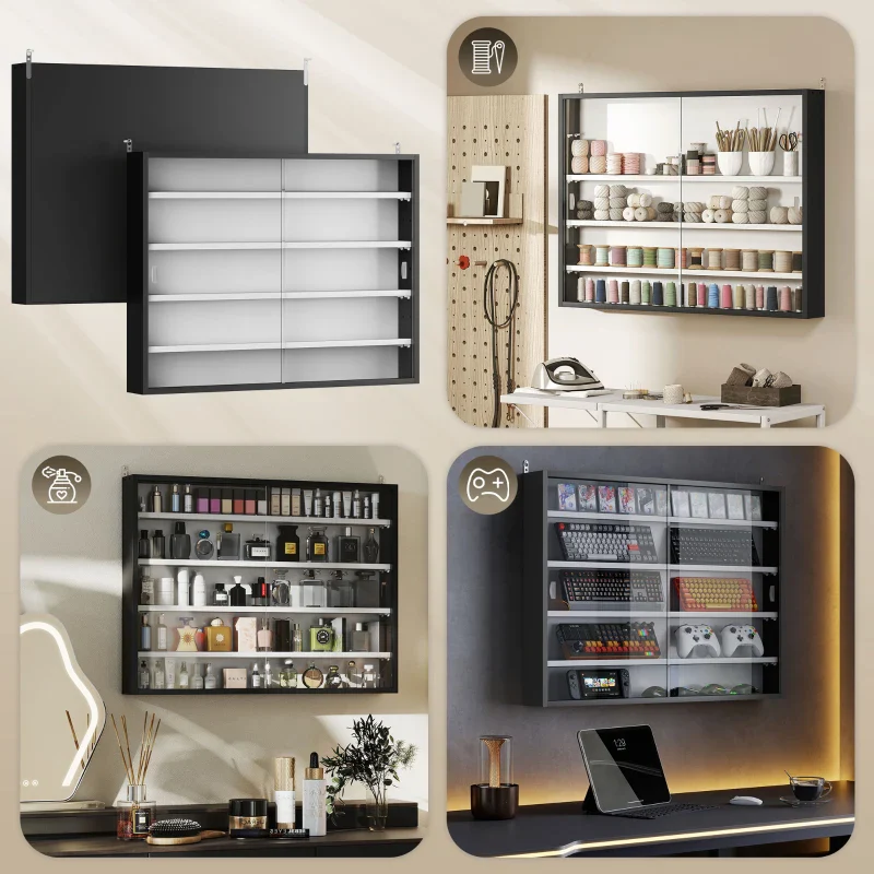 5-Tier Display Cabinet, Wall-Mounted Display Case with 2 Glass Doors and Adjustable Shelves, Black - Image 2