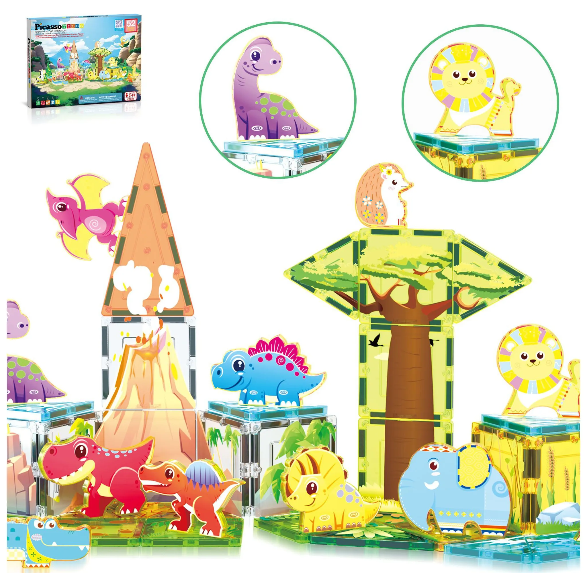 52PCS Dinosaur & Safari Magnetic Tile Set
