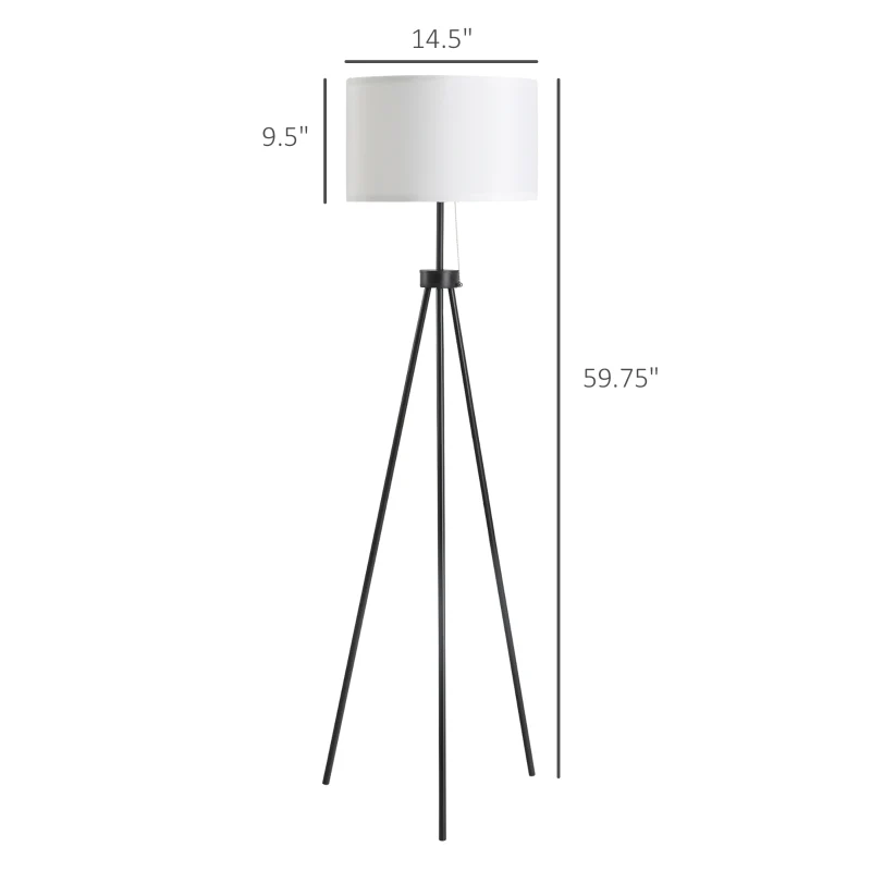 59.75" Tripod Floor Lamp with Pull Chain Standing, Fabric Lampshade E26 Lamp Holder Steel for Living Room, Bedroom, Office, Black - Image 2