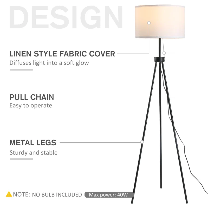 59.75" Tripod Floor Lamp with Pull Chain Standing, Fabric Lampshade E26 Lamp Holder Steel for Living Room, Bedroom, Office, Black - Image 3