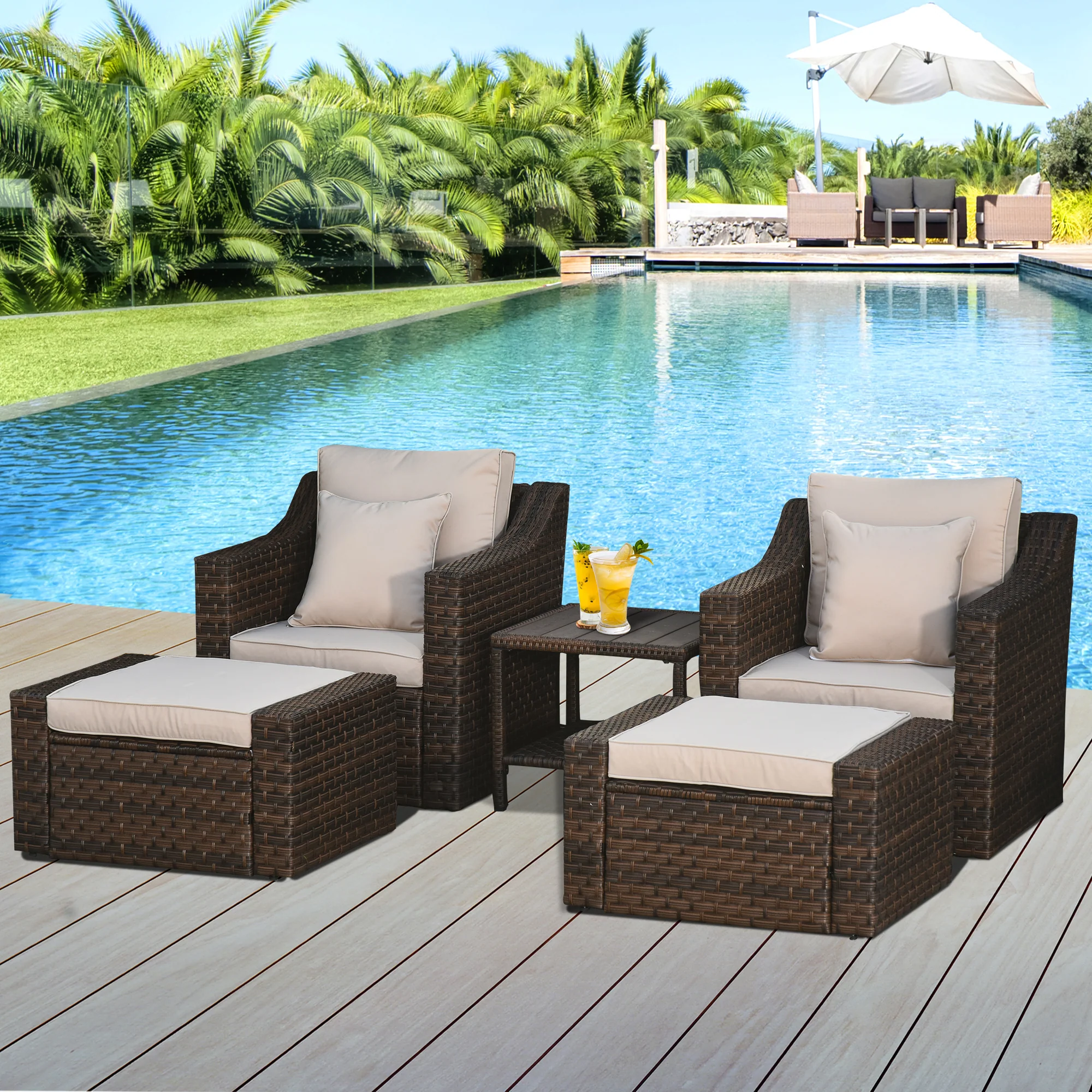 5pc Patio Furniture Set, All Weather PE Rattan Conversation Chair and Ottoman Set w/ Table, Cushion Pillows, Beige - Image 2
