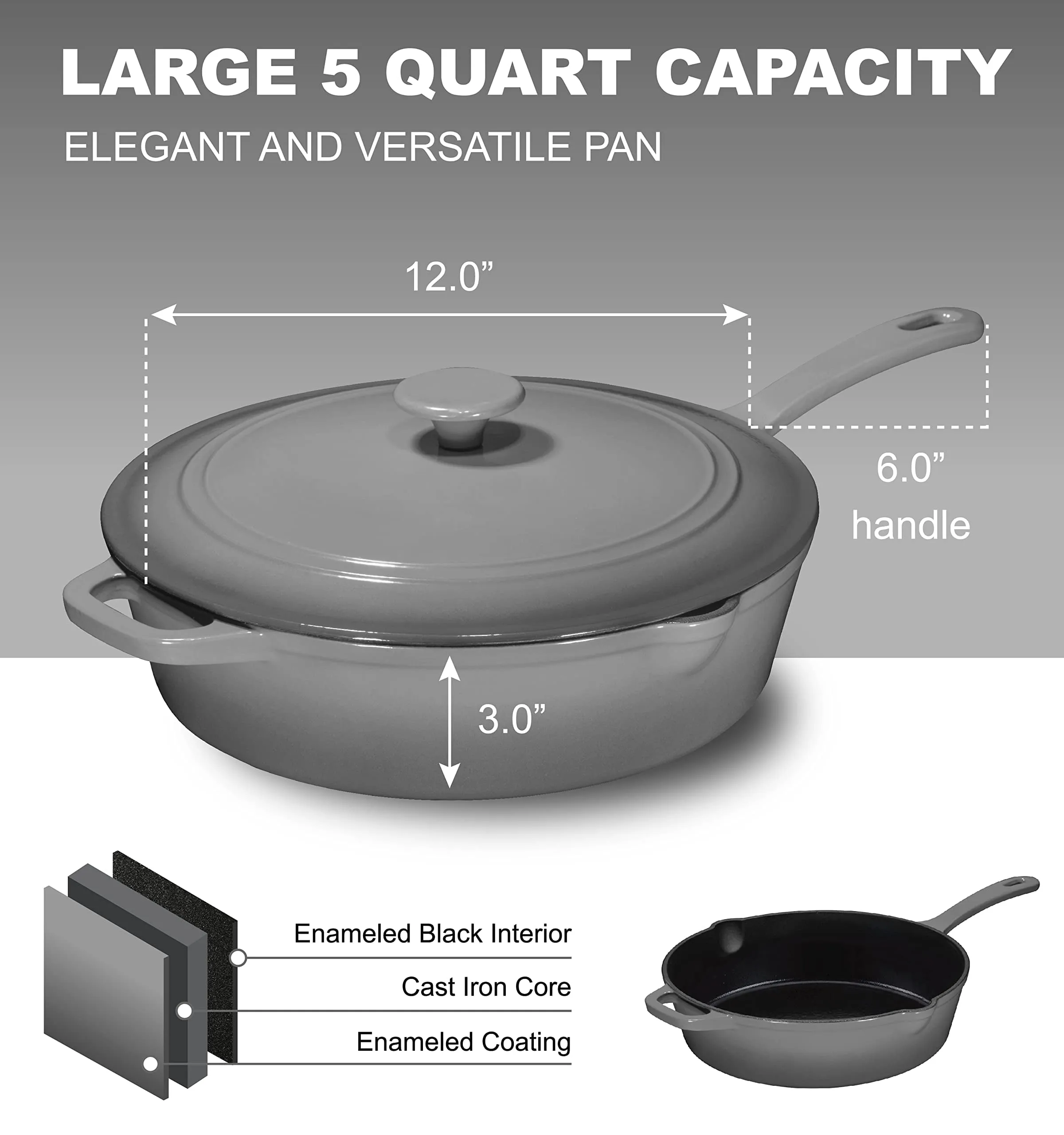 5Qt Enameled Cast Iron Skillet With Lid & Handle - Grey - Image 6