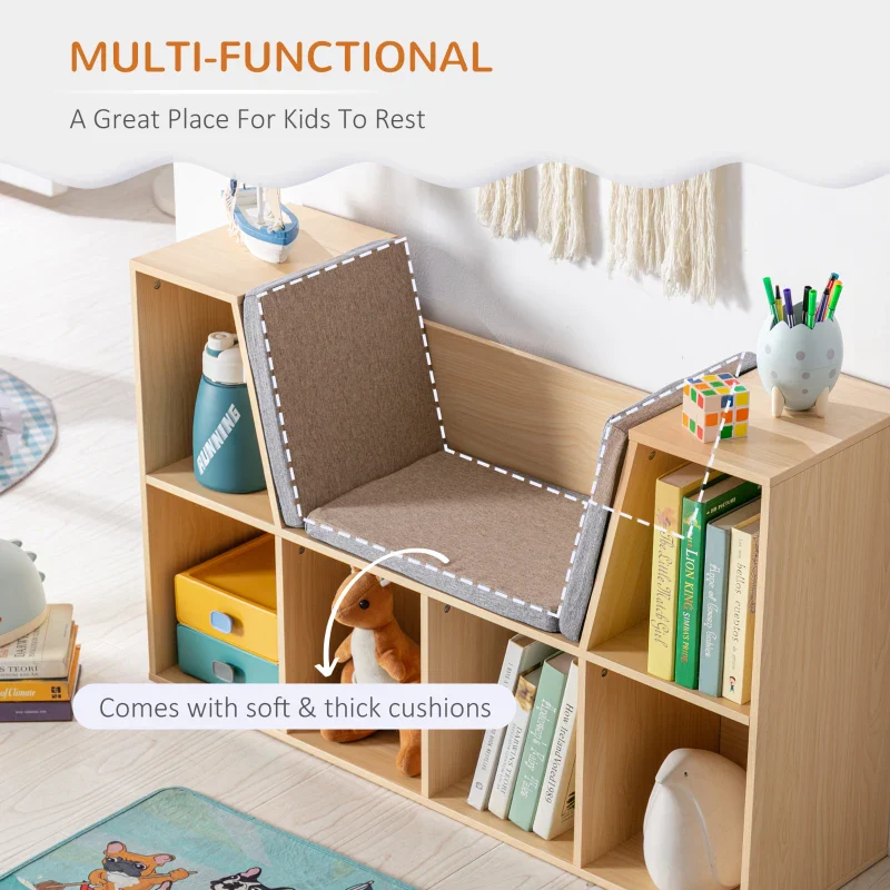 6-Cubby Kids Bookcase with Reading Nook and Cushion, Multi-Purpose Storage Organizer for Bedroom, Living Room, Natural - Image 4