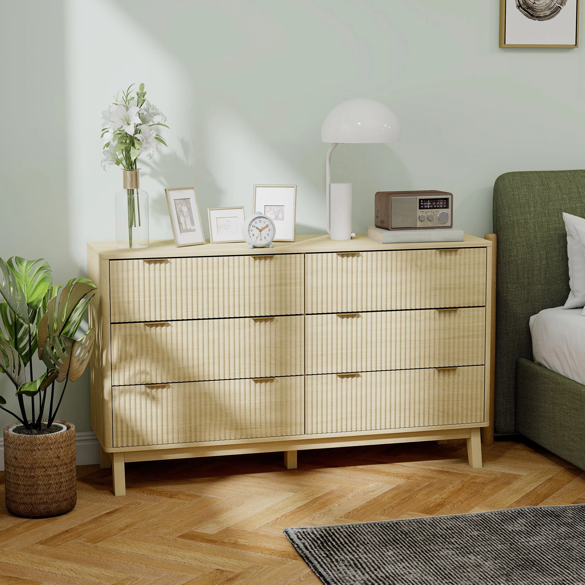 6 Drawer Double Dresser for Bedroom, Fluted Chest of Drawers with Gold Finger Pulls and 5 Wood Legs, Natural Wood - Image 2