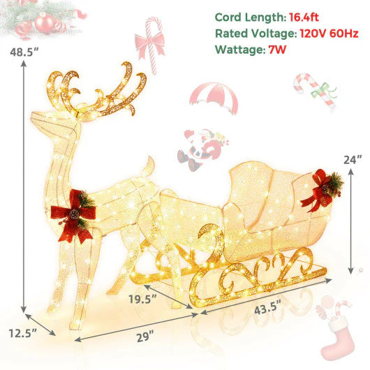 6 Feet Christmas Lighted Reindeer and Santa's Sleigh Decoration With 4 Stakes-Golden - Image 3