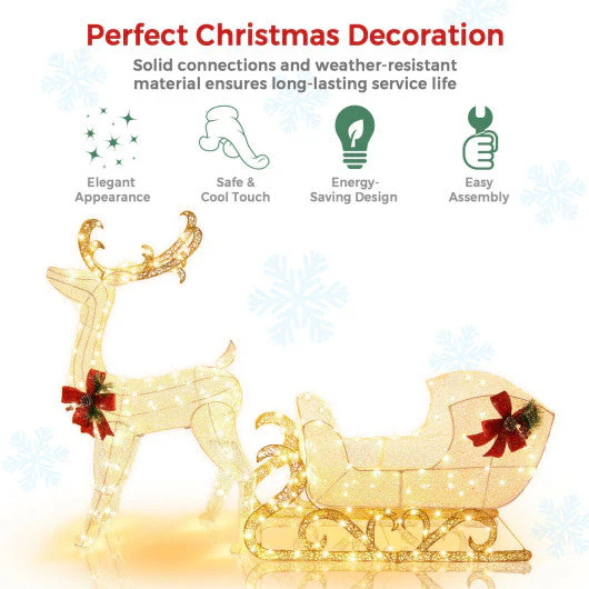 6 Feet Christmas Lighted Reindeer and Santa's Sleigh Decoration With 4 Stakes-Golden - Image 5