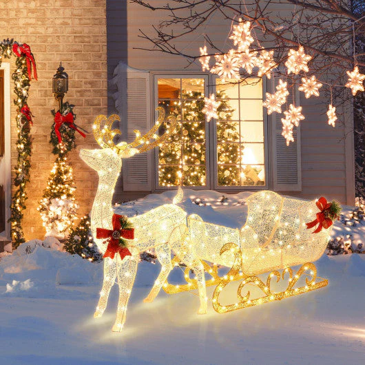 6 Feet Christmas Lighted Reindeer and Santa's Sleigh Decoration With 4 Stakes-Golden - Image 6