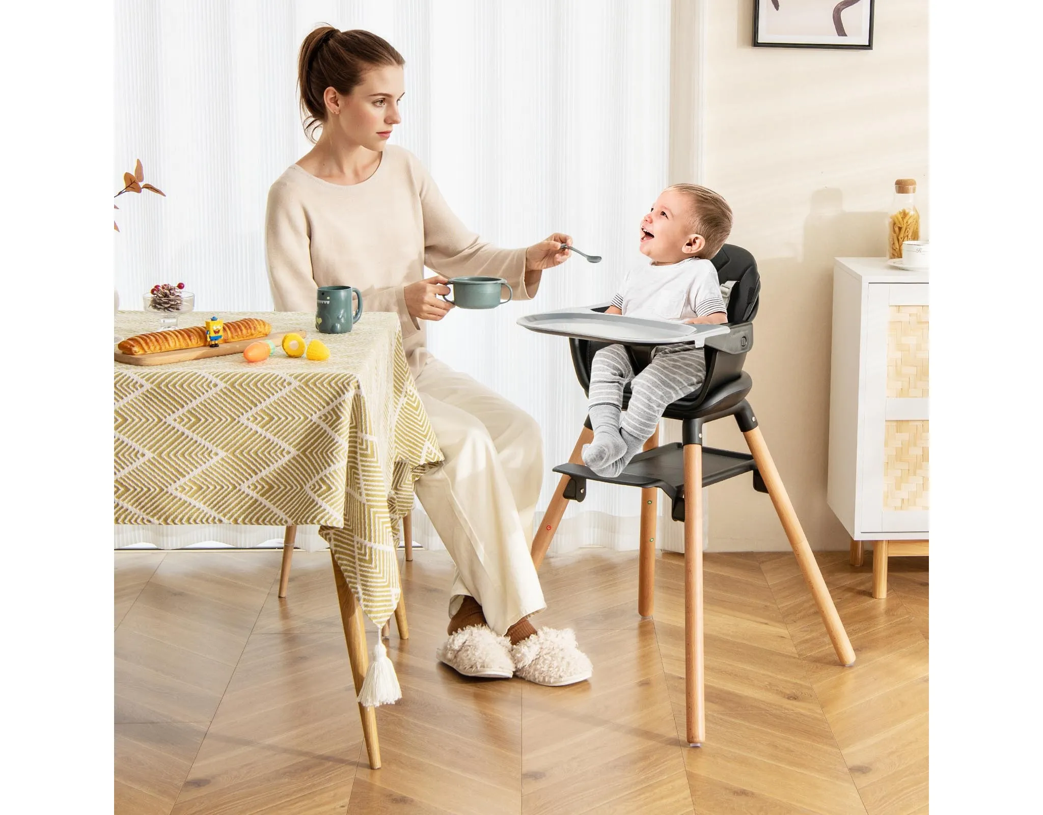 6-in-1 Convertible Wooden Baby Highchair Infant Feeding Chair w/ Removable Tray - Black - Image 3