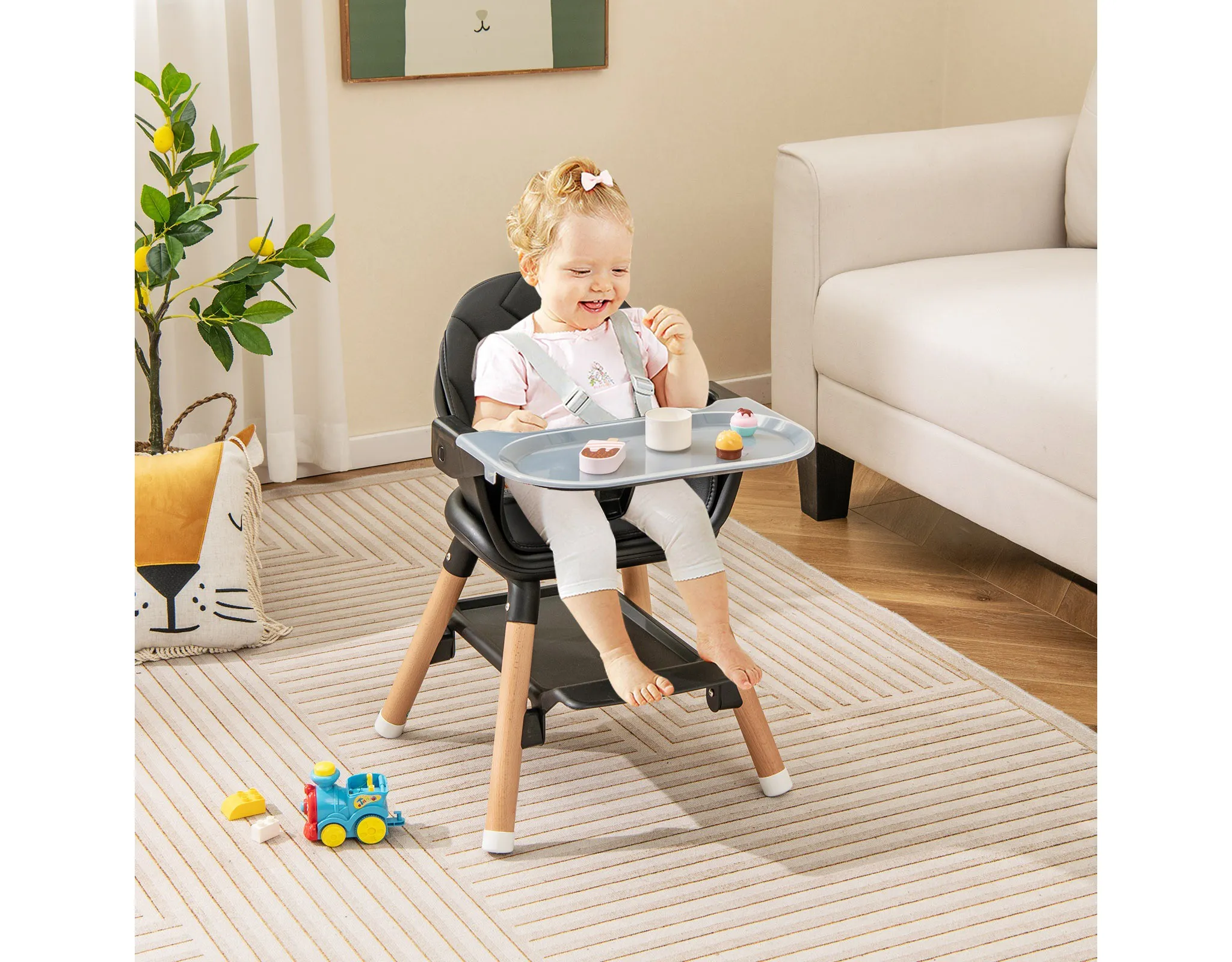 6-in-1 Convertible Wooden Baby Highchair Infant Feeding Chair w/ Removable Tray - Black - Image 4