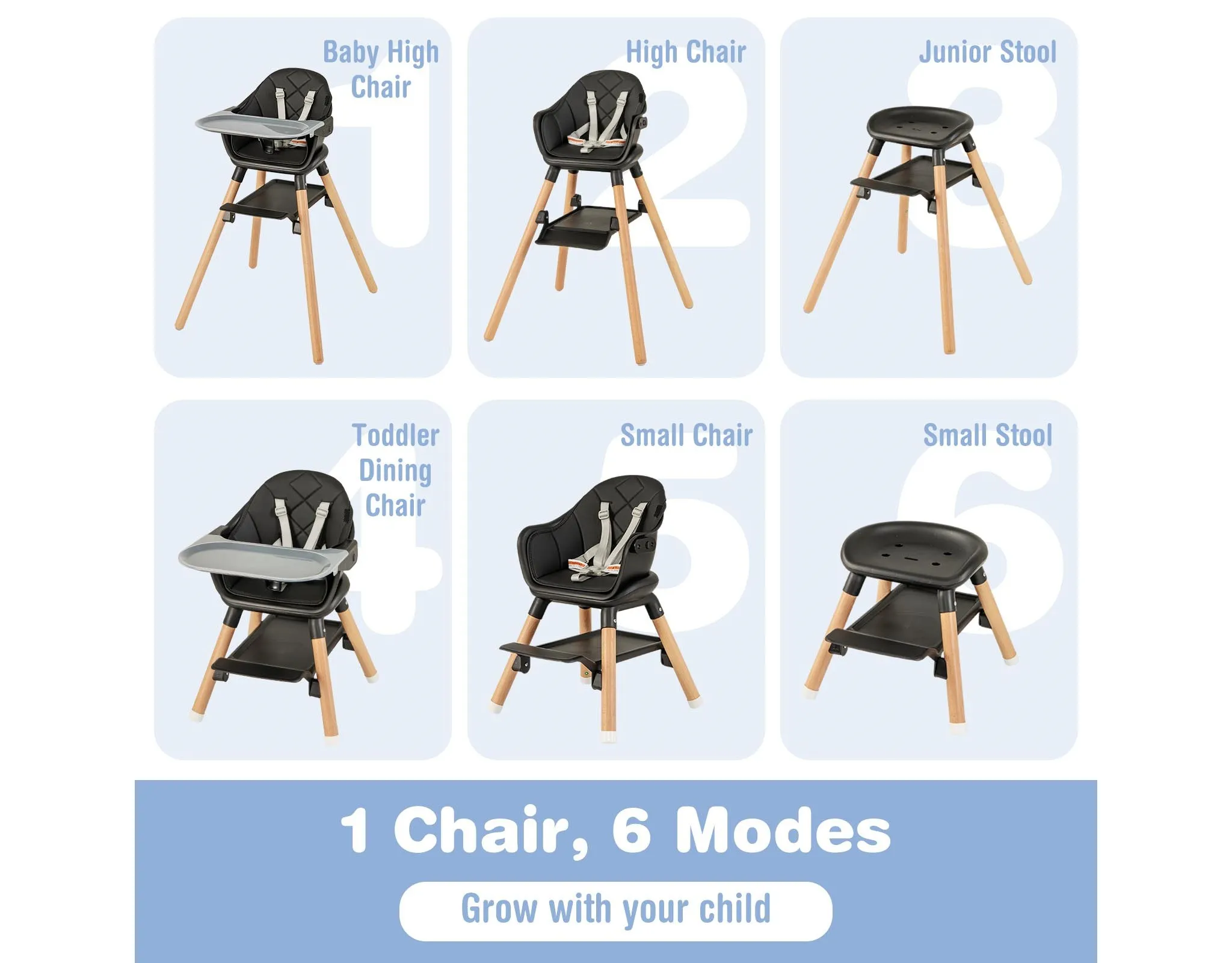 6-in-1 Convertible Wooden Baby Highchair Infant Feeding Chair w/ Removable Tray - Black - Image 5