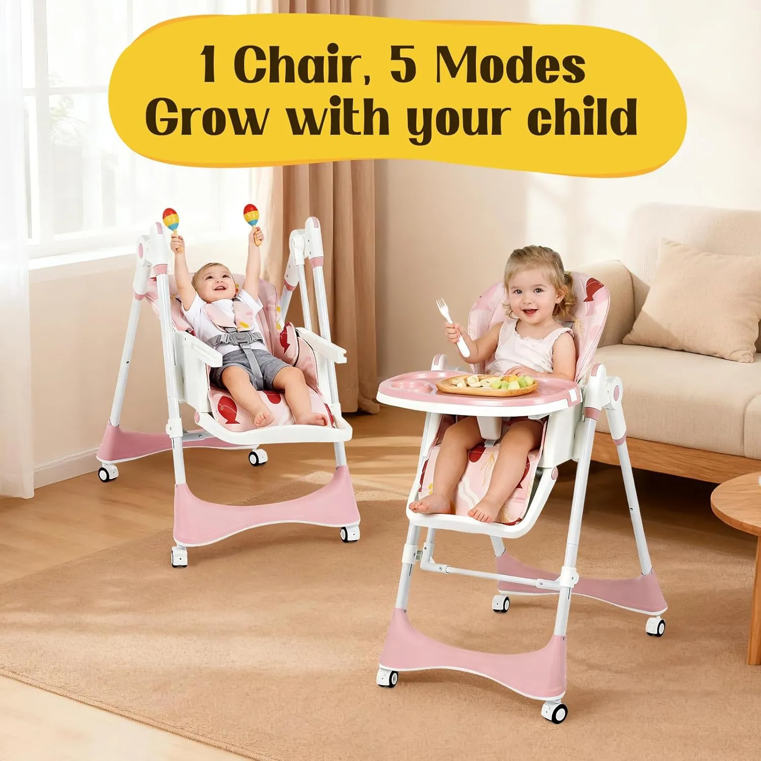 6-in-1 Convertible Baby High Chair - Floral Dust Pink - Image 3