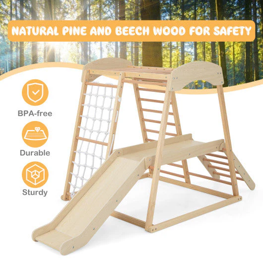 6-in-1 Indoor Jungle Gym Kids Wooden Playground With Monkey Bars-Natural - Image 10
