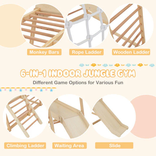 6-in-1 Indoor Jungle Gym Kids Wooden Playground With Monkey Bars-Natural - Image 11