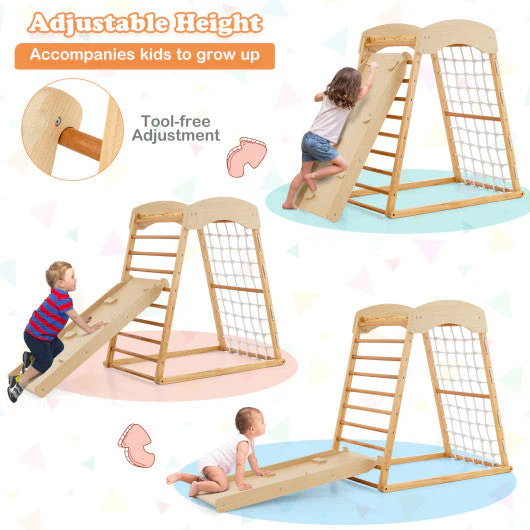 6-in-1 Jungle Gym Wooden Indoor Playground With Double-Sided Ramp and Monkey Bars-Natural - Image 15