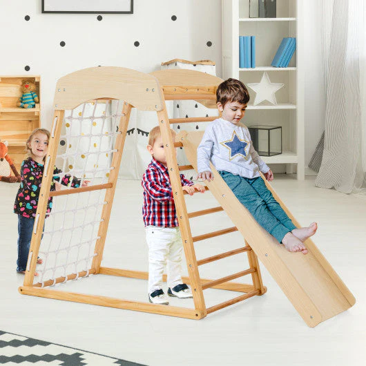 6-in-1 Jungle Gym Wooden Indoor Playground With Double-Sided Ramp and Monkey Bars-Natural - Image 2