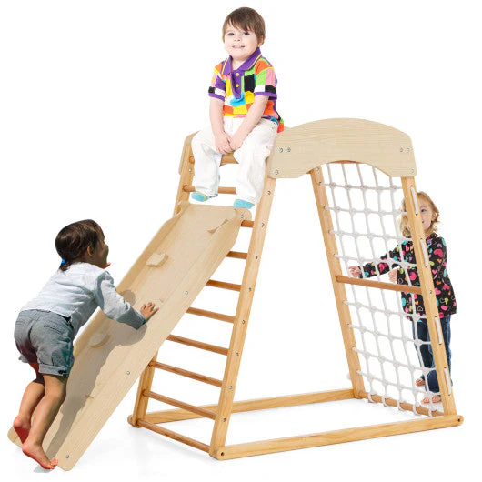 6-in-1 Jungle Gym Wooden Indoor Playground With Double-Sided Ramp and Monkey Bars-Natural - Image 5