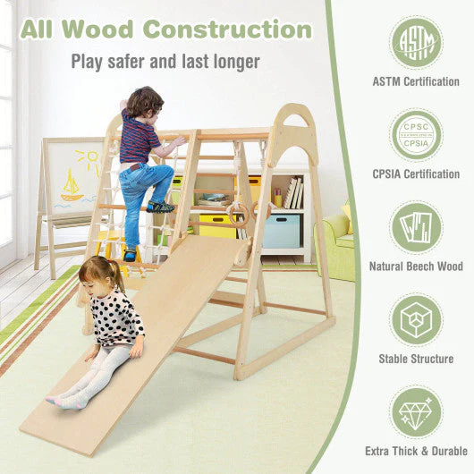 6-in-1 Wooden Kids Jungle Gym Playset With Slide Climbing Net-Natural - Image 11