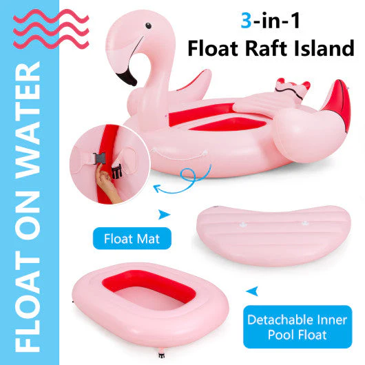6 People Inflatable Flamingo Floating Island With 6 Cup Holders for Pool and River - Image 7