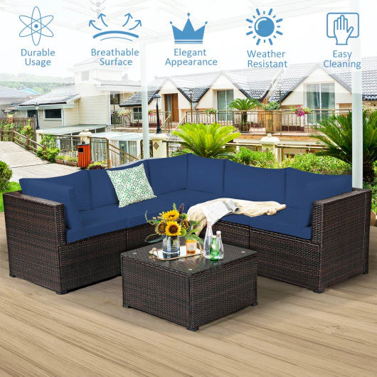 6 Pieces Patio Furniture Sofa Set With Cushions for Outdoor-Navy - Image 3